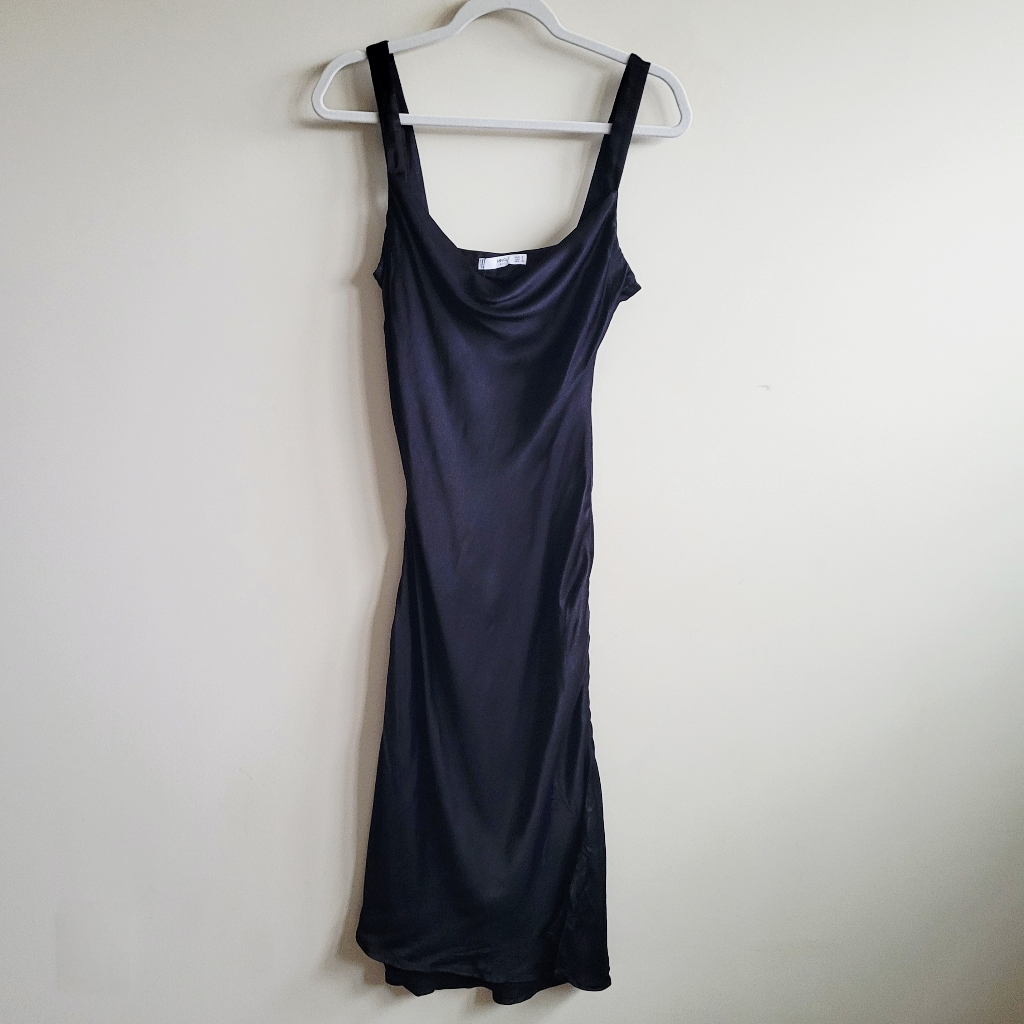 Mng Mango Black Satin Drape Slip Dress